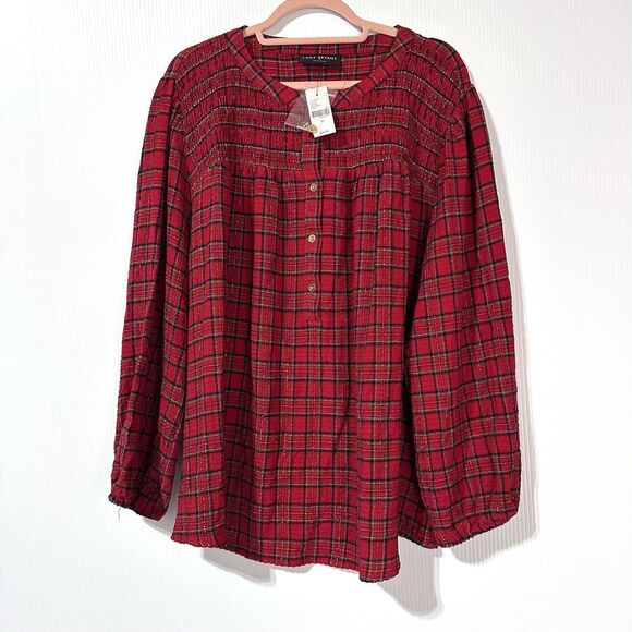 Lane Bryant Top Size 20 Red Gold Plaid Shimmer Sparkle Gauzy Blouse NWT - Picture 2 of 11